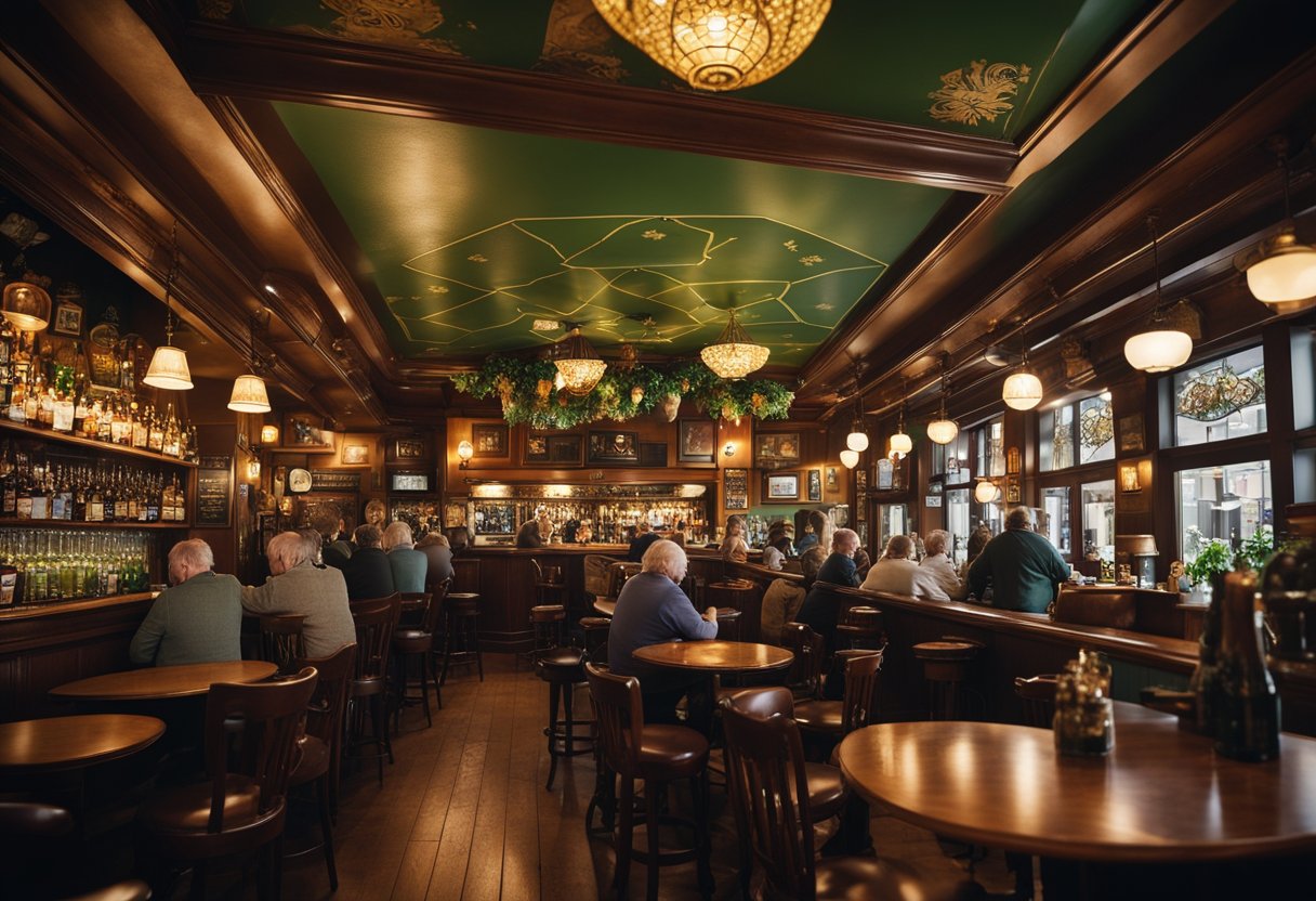 A bustling Irish pub, adorned with shamrocks and traditional decor, filled with patrons from around the world. A map on the wall shows the global reach of Irish culture