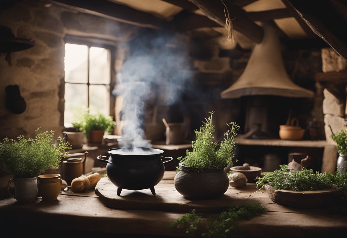 A cozy Irish cottage with herbs drying from the rafters, a cauldron bubbling over an open fire, and a wise old woman telling stories of healing traditions
