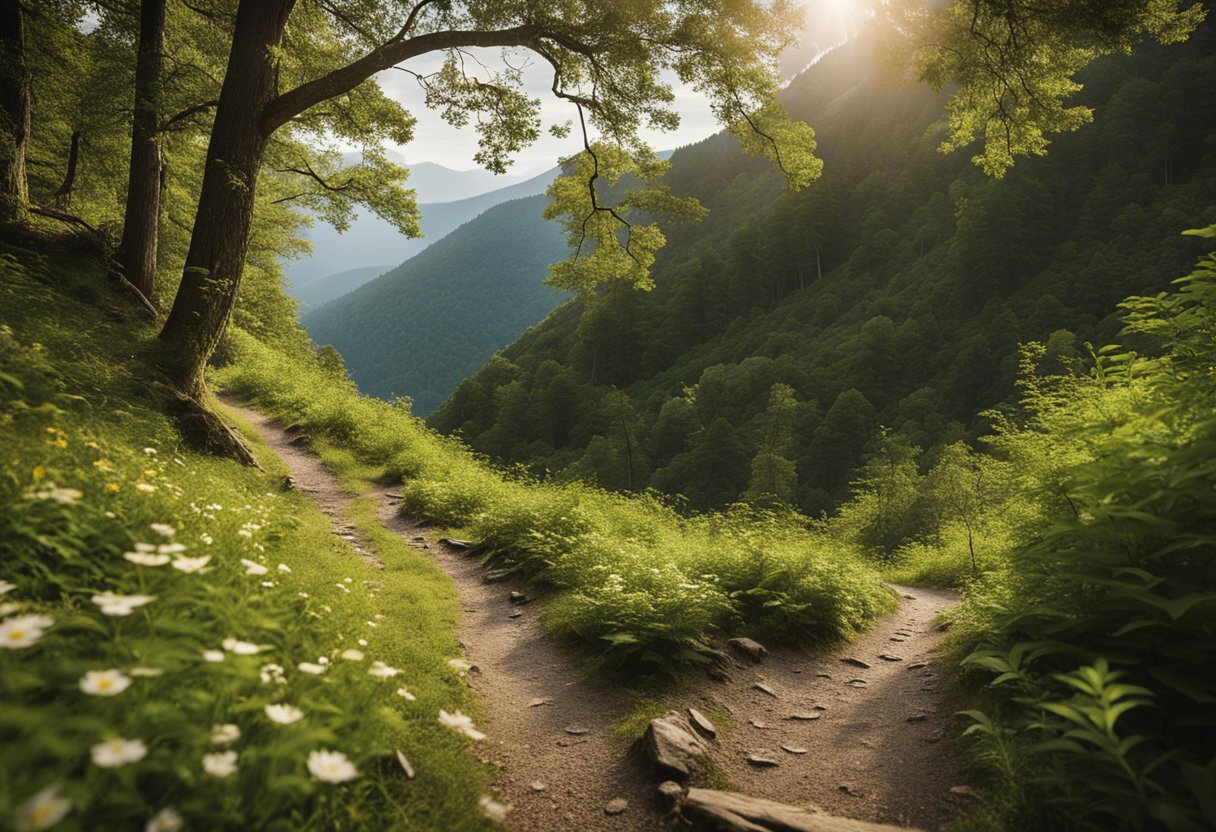 The Appalachian Trail - A winding trail cuts through dense forests, crossing rocky streams and ascending rugged peaks. The landscape is dotted with wildflowers and towering trees, creating a picturesque scene along the Appalachian Trail