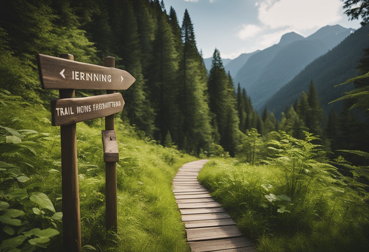 The Appalachian Trail - A winding trail cuts through lush, forested mountains, disappearing into the distance. A wooden signpost marks the beginning, with a plaque detailing the history of the trail
