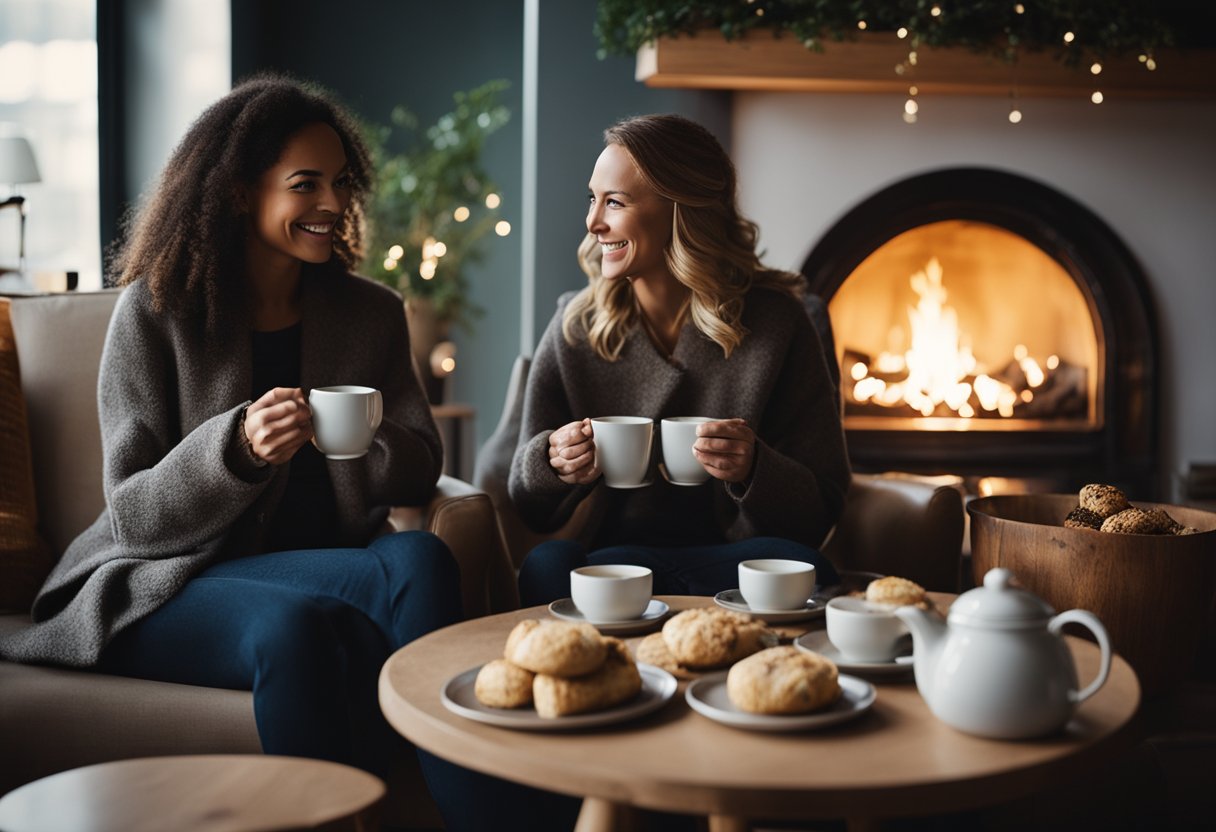 Seanfhocail - Two people sitting by a cozy fire, sharing stories and laughter. A table is set with a pot of tea and a plate of homemade scones. The room is warm and inviting, with soft lighting and comfortable chairs