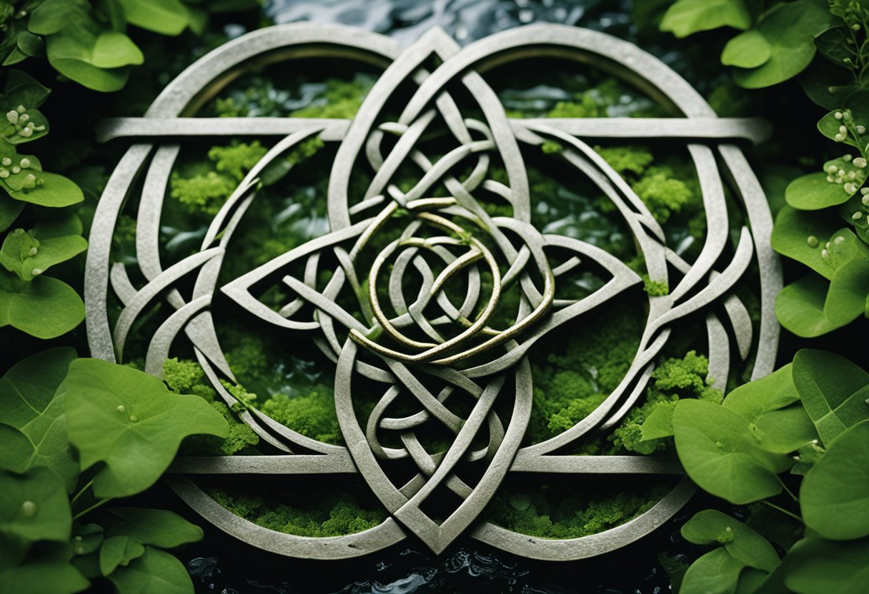 Seanfhocail - A Celtic knot unravels to reveal ancient Irish symbols, surrounded by lush greenery and flowing water, embodying timeless wisdom