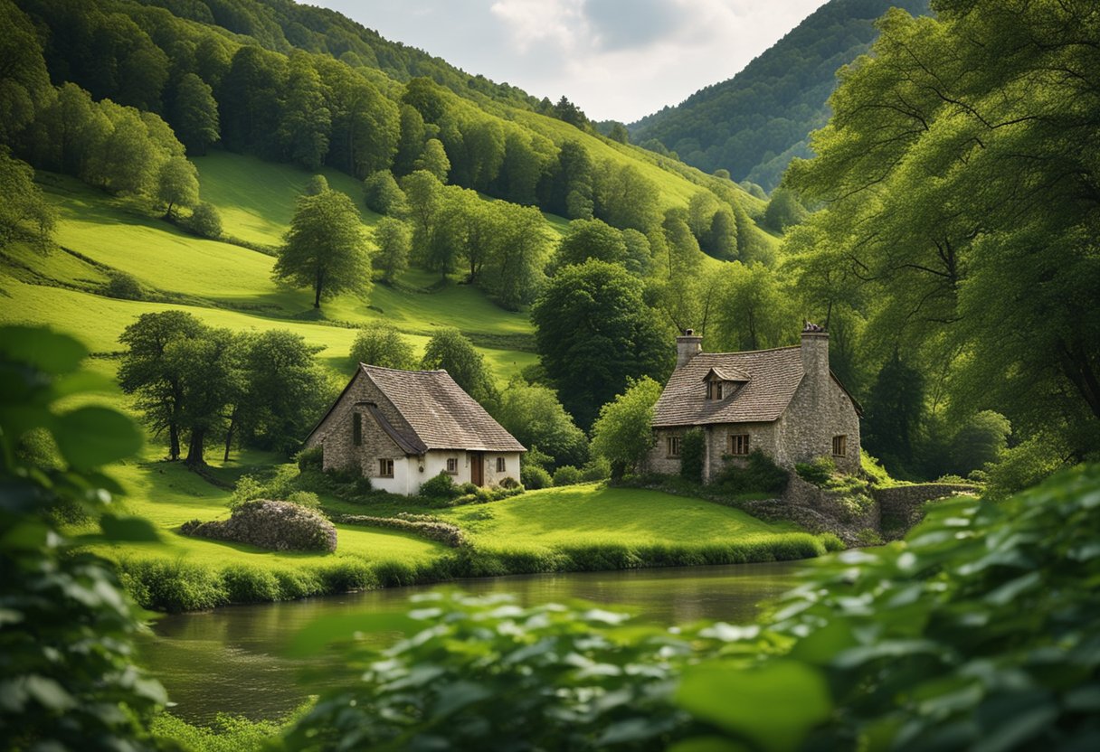 Seanfhocail - A lush green landscape with rolling hills and a rustic stone cottage nestled among the trees. A winding river flows through the scene, reflecting the vibrant colors of the surrounding nature
