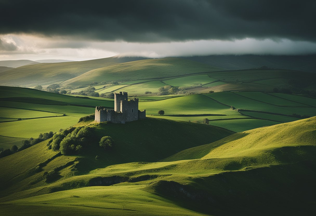 Irish Poetry and Prose - A rugged Irish landscape with rolling green hills, a solitary castle in the distance, and a stormy sky overhead