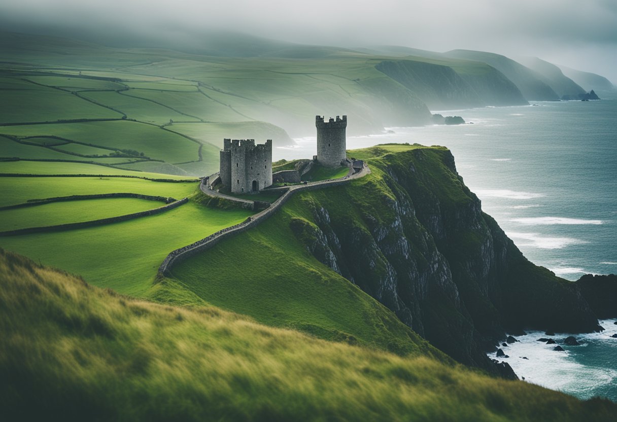 Irish Poetry and Prose - A misty Irish landscape with rolling green hills, a rugged coastline, and a solitary castle perched on a cliff overlooking the sea