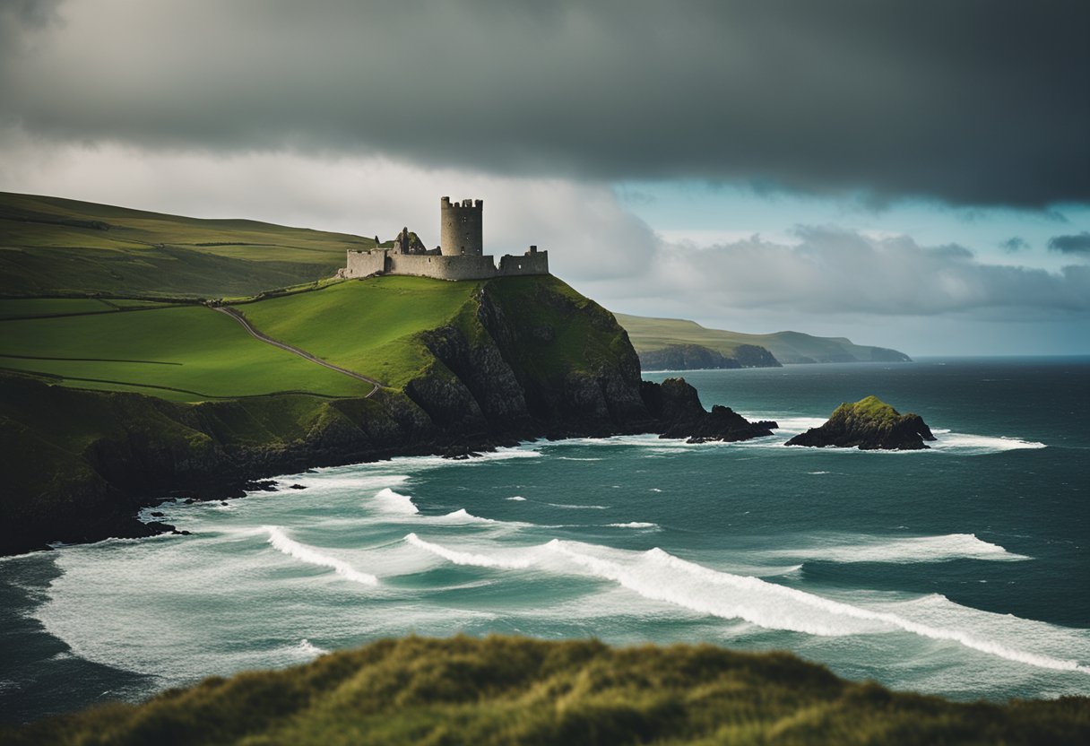 Irish Poetry and Prose - rolling green hills meet a rugged coastline, framed by crashing waves and a dramatic sky. A lone castle stands proudly on a cliff, overlooking the wild beauty of the Irish landscape