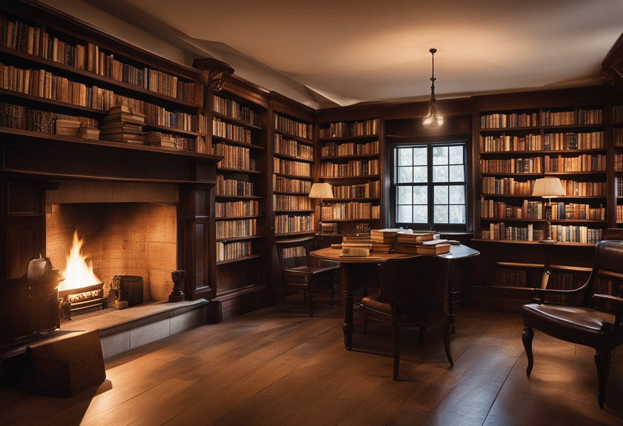 Irish Poetry and Prose - A cozy library with shelves filled with Irish poetry and prose books. A warm fireplace crackles in the corner as a cup of tea sits on a table