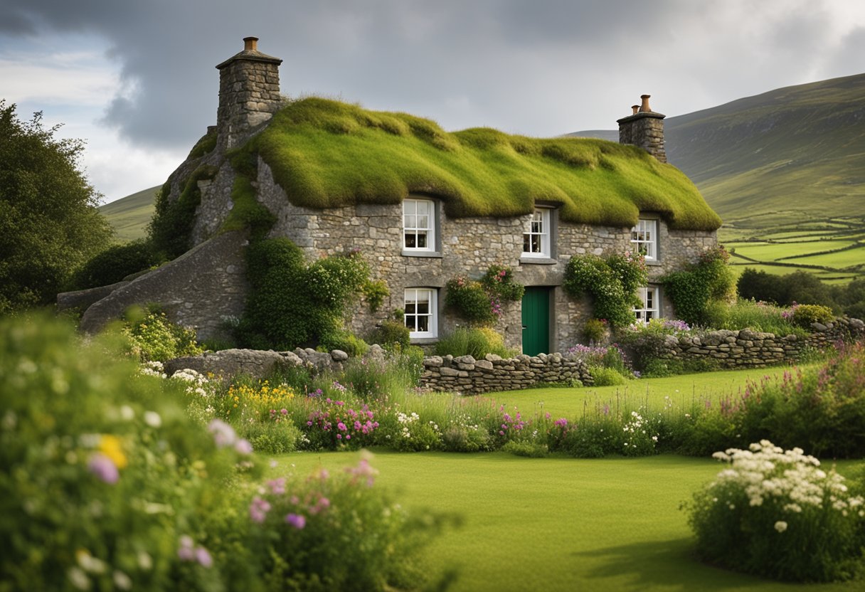 Irish Poetry and Prose - A traditional Irish cottage nestled in the rolling green hills, surrounded by ancient stone walls and blooming wildflowers. A cozy hearth inside, with a table set for a gathering of poets and writers