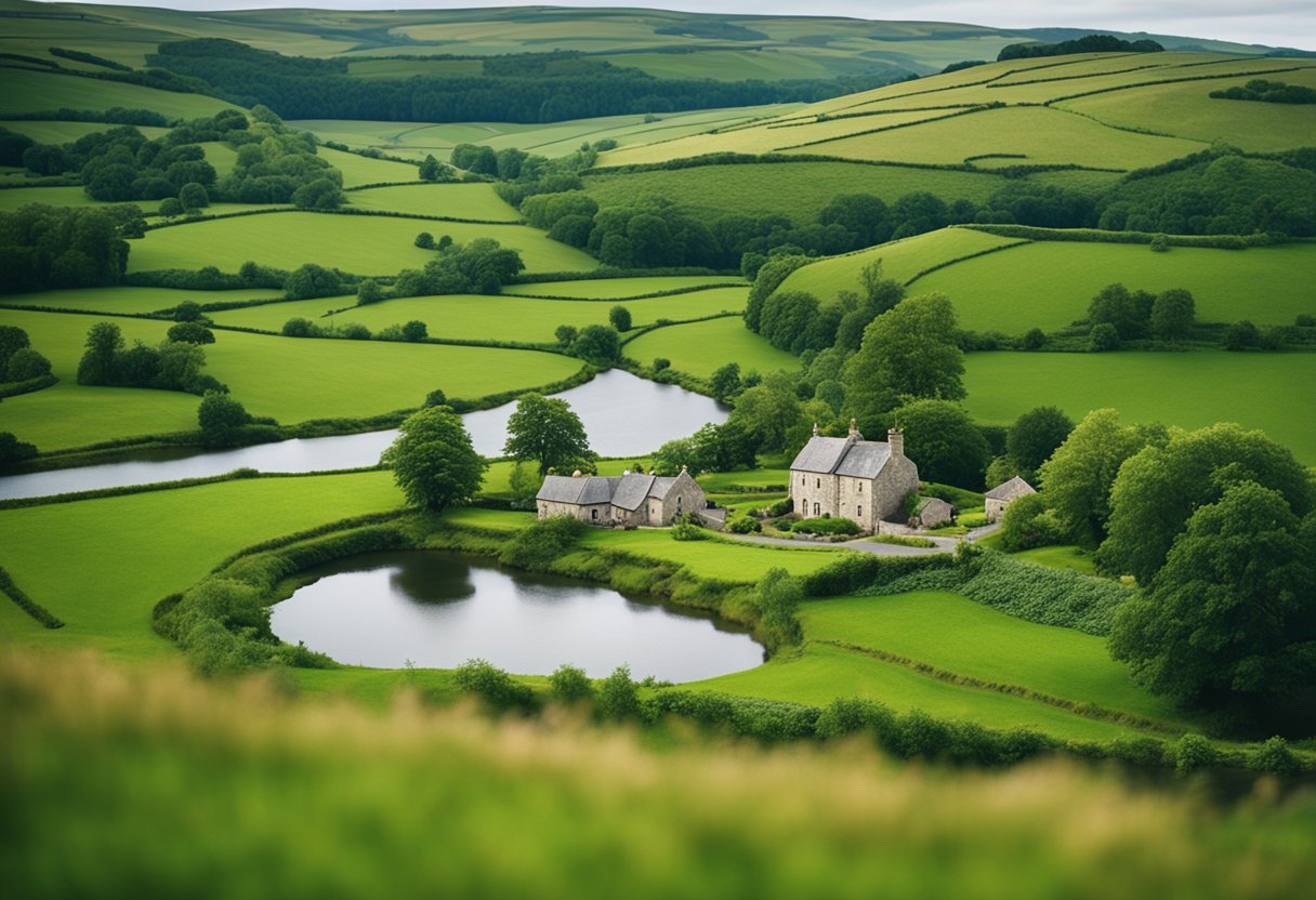 Irish Poetry and Prose - A serene Irish countryside with rolling green hills, a winding river, and a quaint stone cottage nestled among the landscape