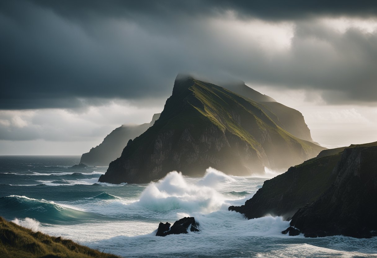 Norse mythology - A rugged, windswept coastline with towering cliffs and crashing waves. A longship sails towards the shore, surrounded by dramatic, stormy skies