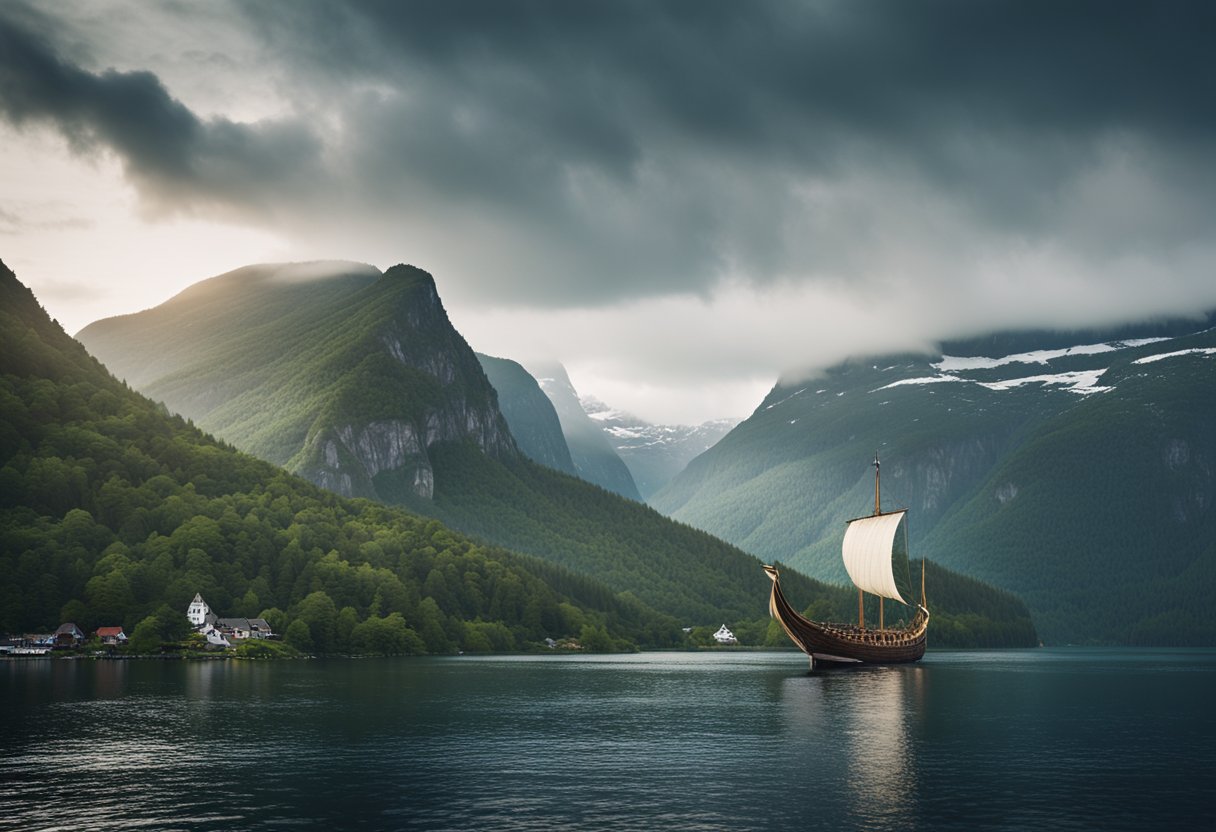 Norse mythology - A Viking longship sails through a fjord, surrounded by rugged mountains and dense forests. A village with thatched-roof houses sits on the shore, while a towering castle overlooks the landscape