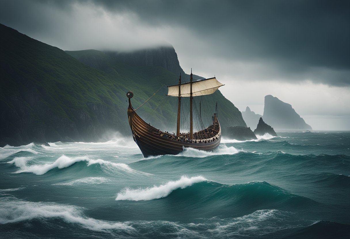 Norse mythology - Viking longship sails through stormy seas towards rugged coastline, with towering cliffs and dense forests in the background