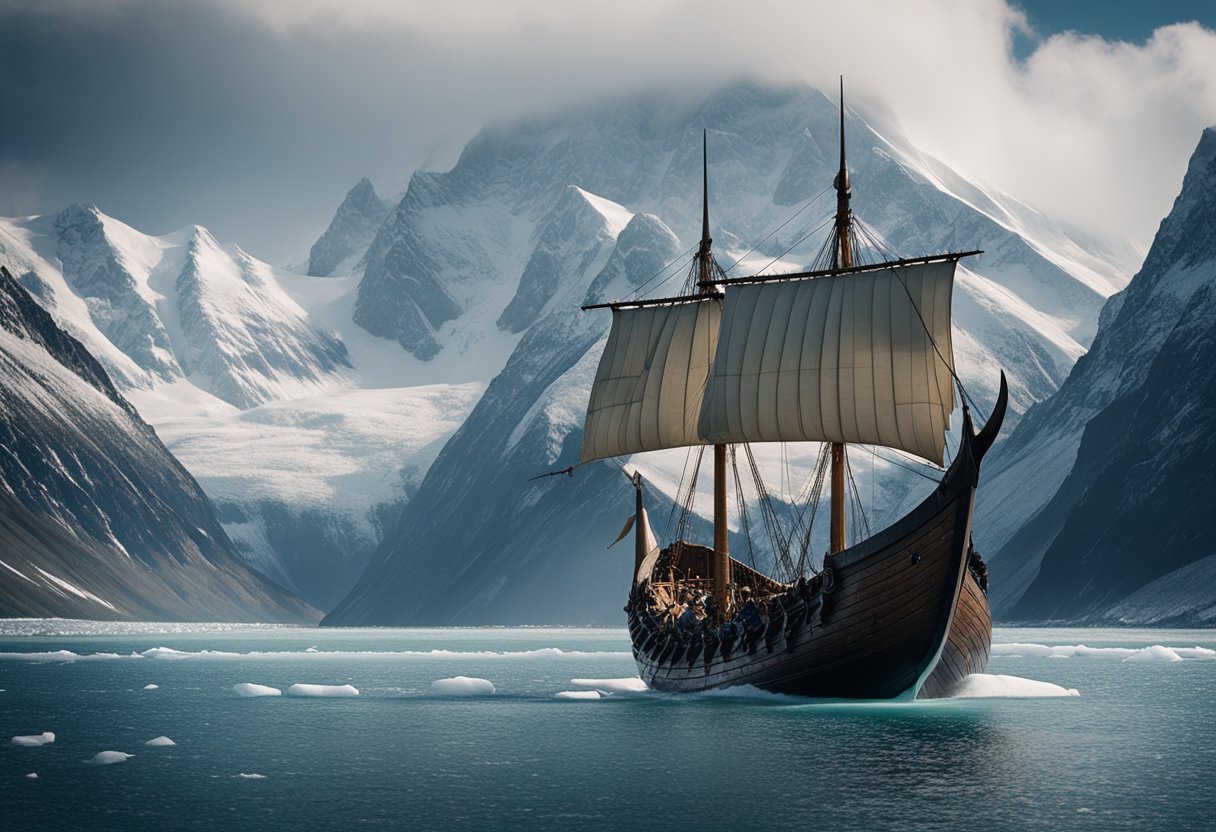 Norse mythology - A Viking ship sails through icy waters, framed by towering snow-capped mountains and rugged cliffs. A fierce dragon prow leads the way, with billowing sails catching the wind