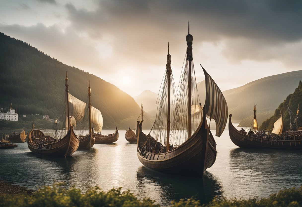Norse mythology - Viking ships docked at a bustling trading port, with merchants exchanging goods from distant lands. The surrounding landscape is dotted with rolling hills and forests, showcasing the natural beauty of the Norse world