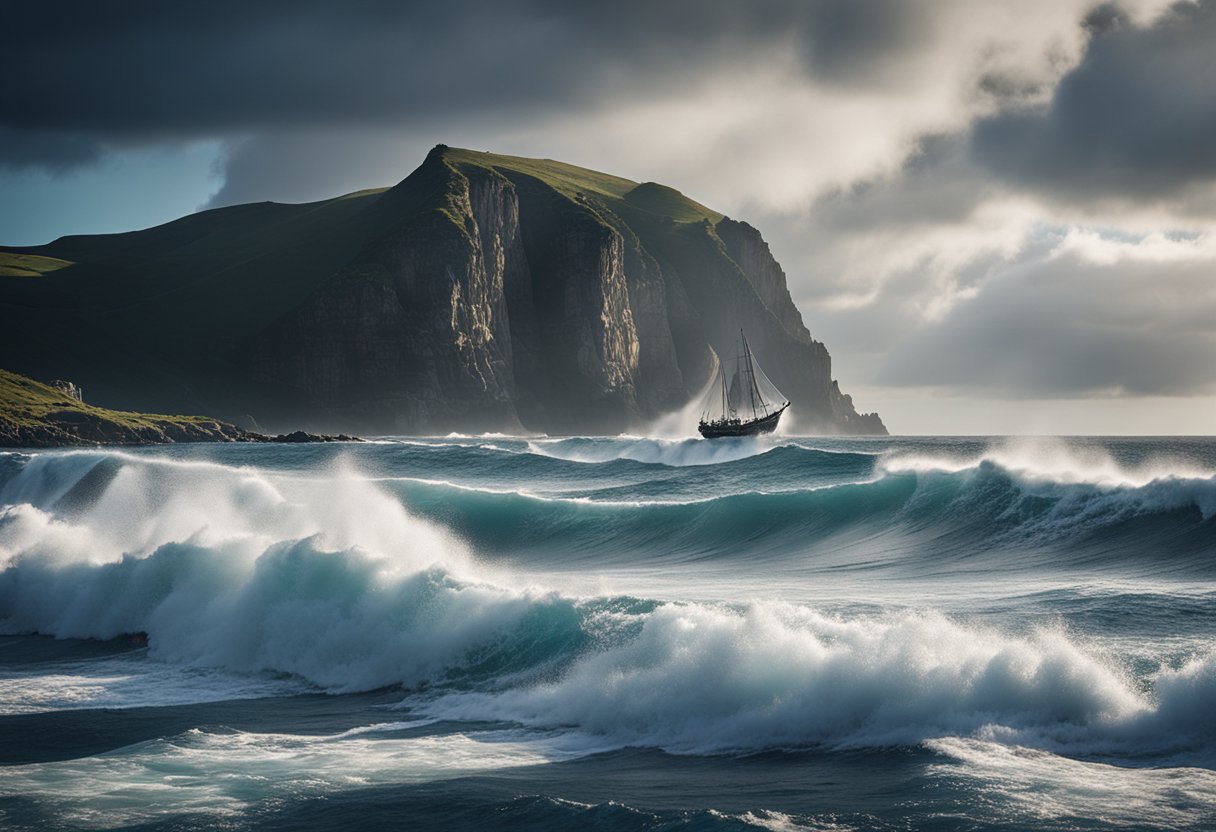 Norse mythology - A rugged, windswept coastline with towering cliffs and crashing waves, a Viking longship sailing through the icy waters, and a dramatic sky filled with swirling clouds and streaks of sunlight