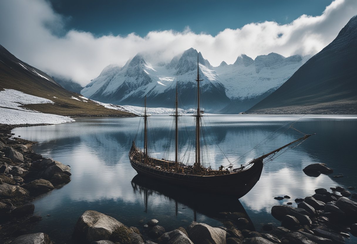 Norse mythology - A rugged, snow-covered landscape with towering mountains, dense forests, and a dramatic coastline. A longship sails through icy waters, while a mythical creature lurks in the shadows