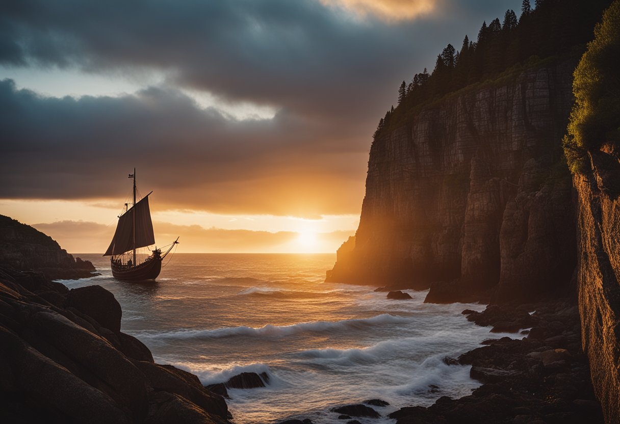 Norse mythology - The sun sets behind a rugged coastline, with a Viking longship sailing into the horizon. Rocky cliffs and dense forests surround the scene, evoking the ancient Norse landscape