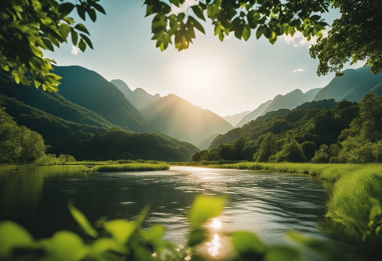 A serene river flows through lush, green valleys, framed by towering mountains in the distance. The sun casts a warm glow over the landscape, creating a sense of peace and spirituality