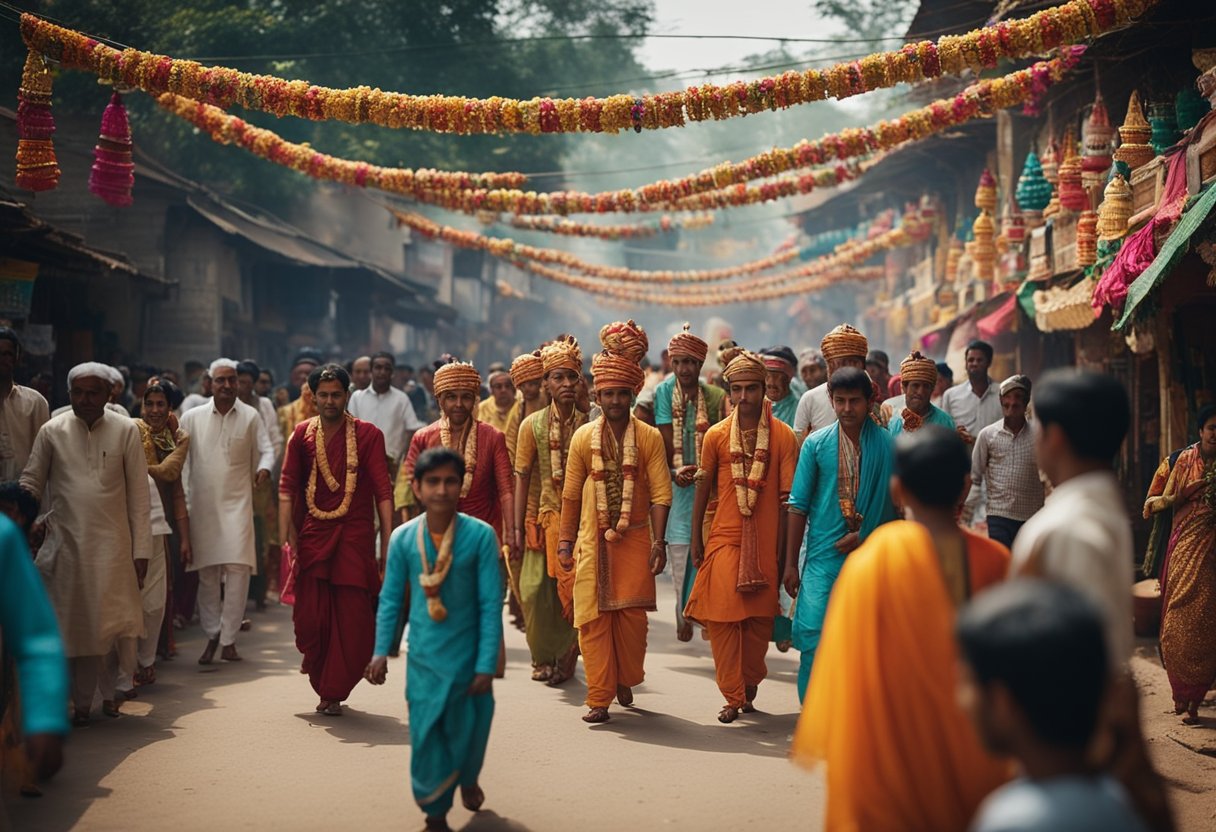 A colorful procession winds through a vibrant Indian village, adorned with intricate decorations and accompanied by the sounds of traditional music and chanting. The air is filled with the scent of incense and the energy of spiritual celebration