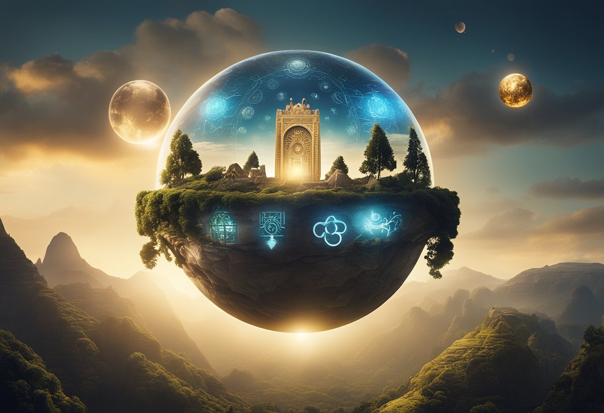 World Mythology - A glowing orb hovers above a diverse landscape, surrounded by ancient symbols and mythical creatures