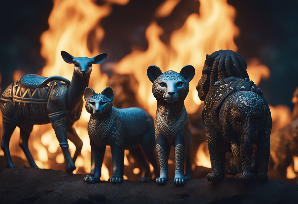 World Mythology - A diverse group of animals gather around a glowing fire, sharing stories and symbols from different cultures, representing the interconnectedness of world mythology