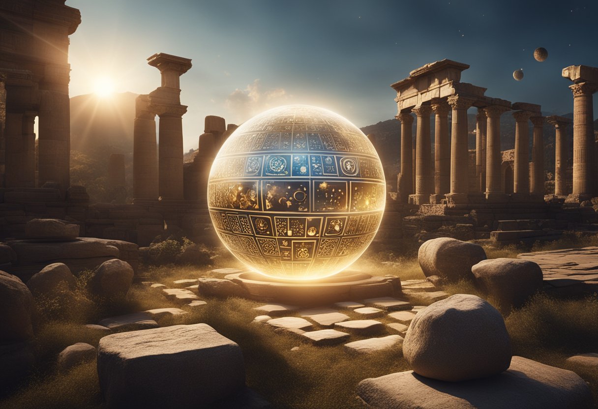 World Mythology - A glowing orb hovers above ancient ruins, surrounded by symbols from various mythologies. The air crackles with energy as the stories of the world's myths intertwine