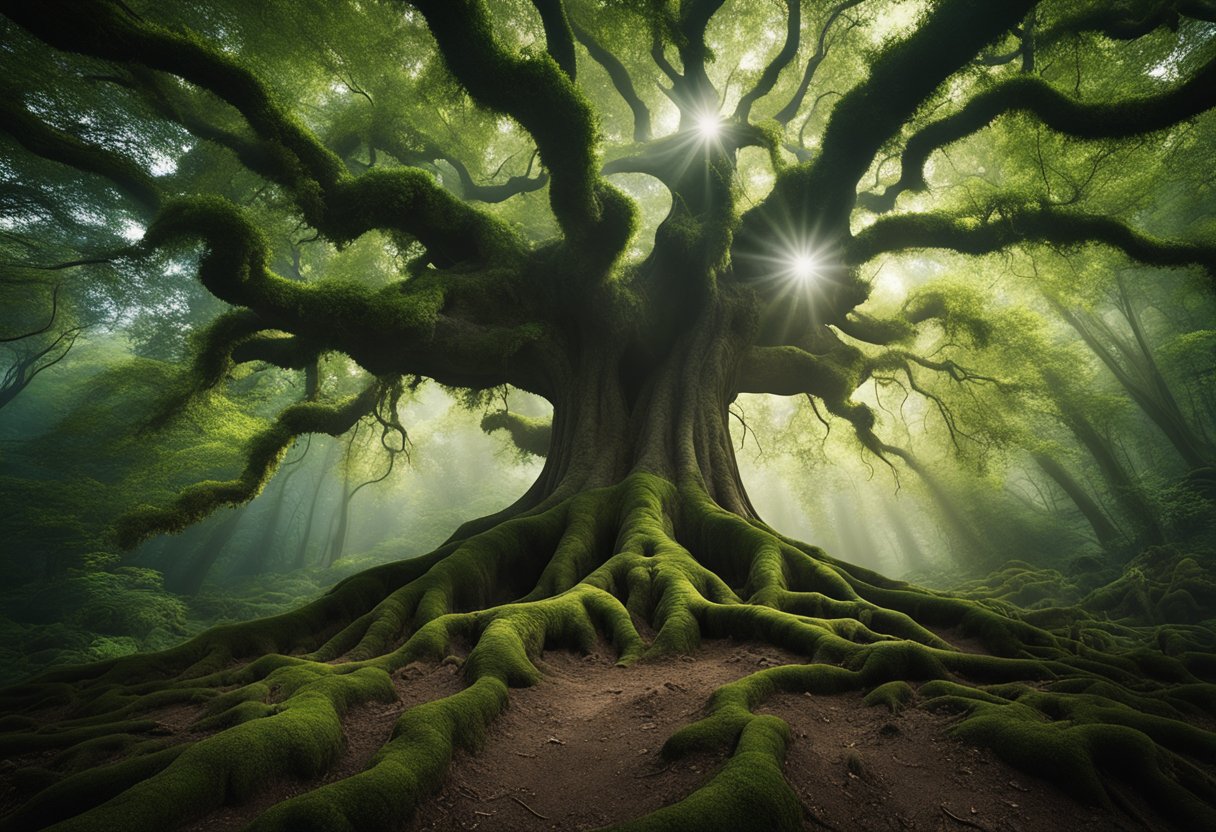 World Mythology - A majestic tree stands at the center of a lush forest, its roots reaching deep into the earth while its branches stretch towards the sky. Surrounding the tree are various mythological creatures from different cultures, all coexisting harmoniously in the enchanted woodland