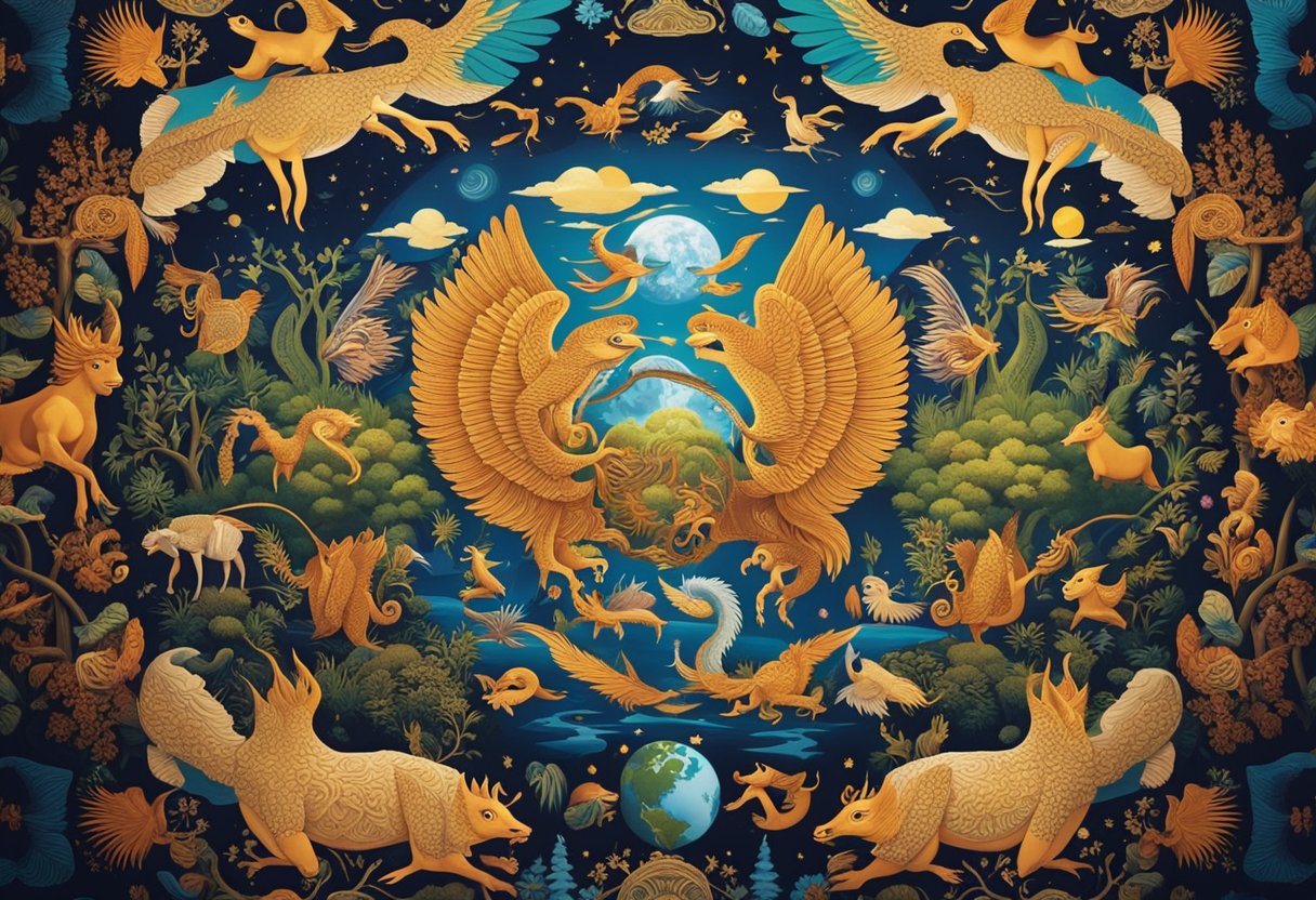 World Mythology - A vibrant tapestry of mythological creatures and symbols intertwine, representing the interconnectedness of world mythology and the celebration of life