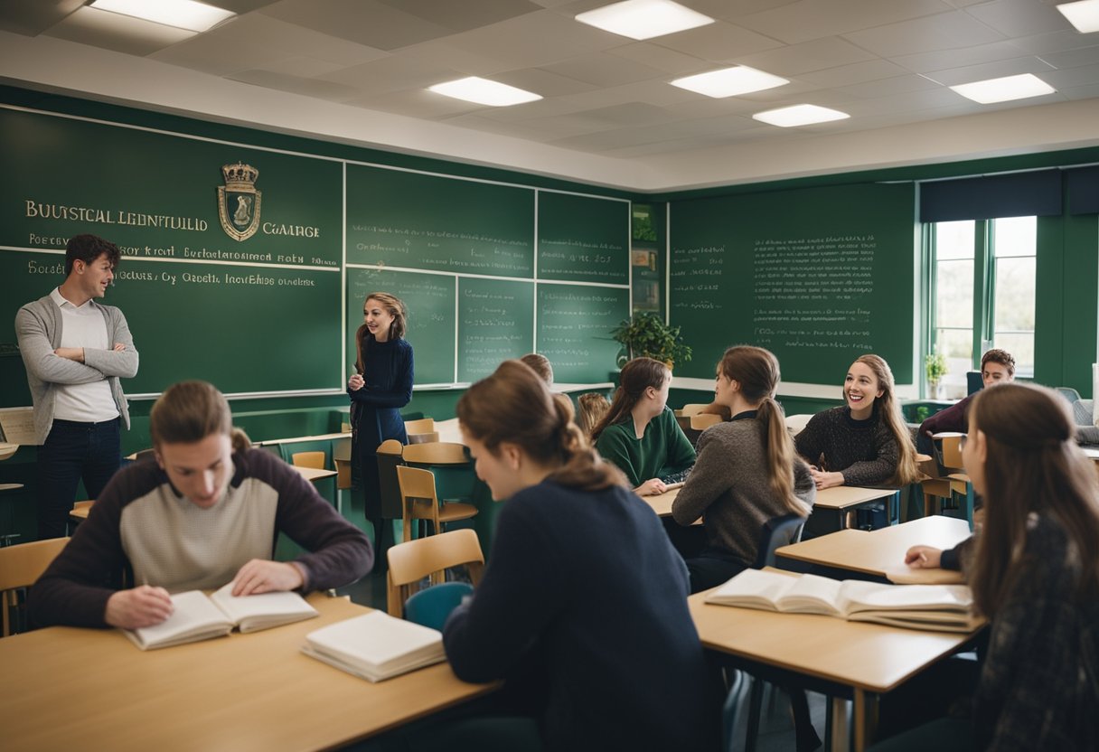 A bustling Irish language school with students conversing, reading, and writing in Gaelic. Posters and books line the walls, celebrating the revival