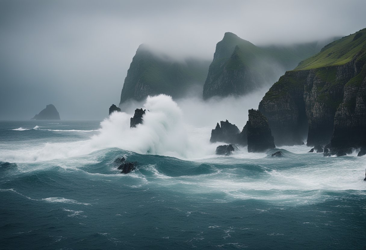 Earth's Final Frontiers: A stormy sea crashes against towering cliffs, shrouded in mist. Seabirds circle above, and jagged rocks jut out from the tumultuous waters