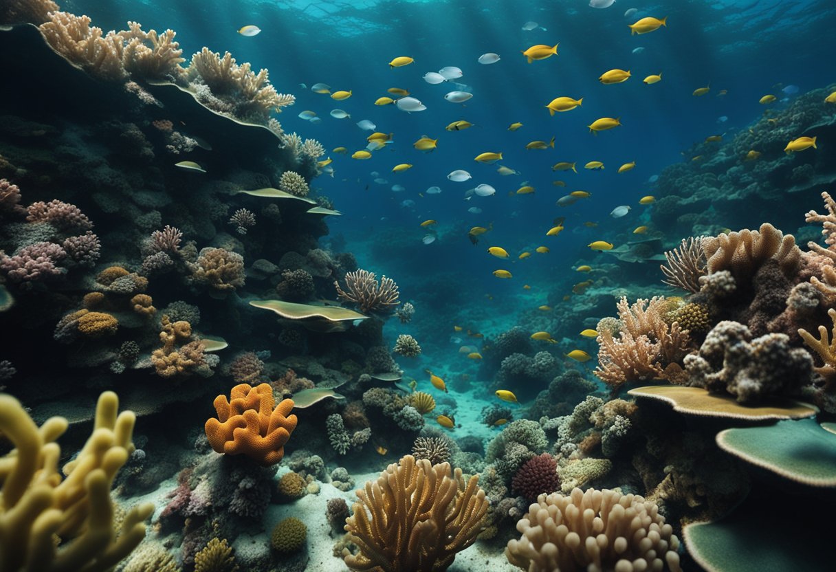 Earth's Final Frontiers: The ocean floor is revealed, teeming with life and mystery. Deep-sea creatures and vibrant coral create a surreal landscape at the Earth's final frontiers