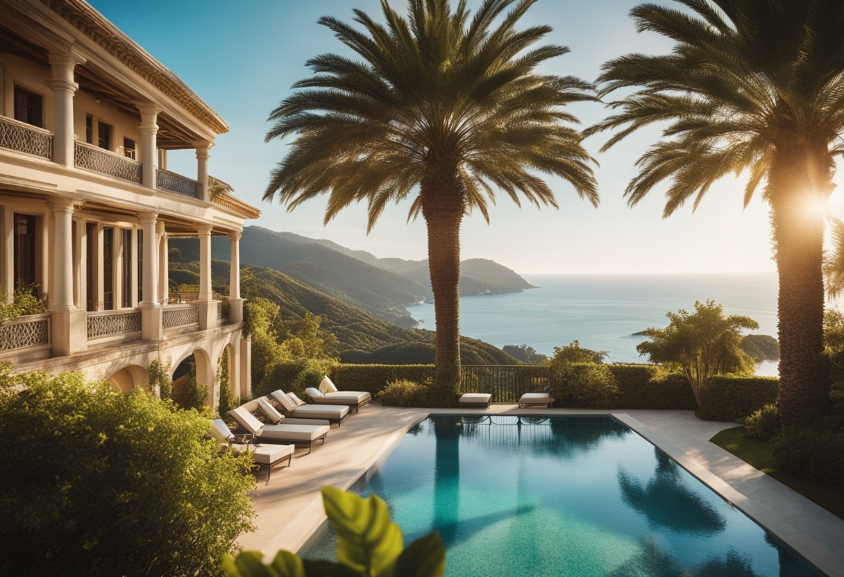 A vibrant coastal landscape with elegant architecture, lush gardens, and sparkling blue waters set against a backdrop of rolling hills and sun-drenched skies