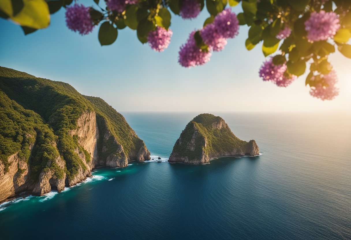 The azure sea meets the rugged cliffs, framed by lush greenery and colorful blooms. A luxurious yacht glides through the sparkling waters, while the sun casts a golden glow over the picturesque landscape