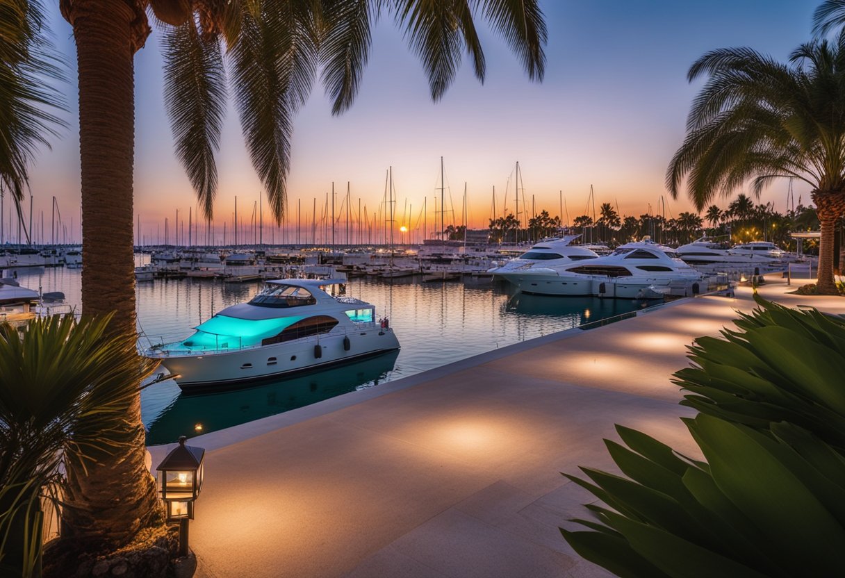 The sun sets over a luxurious yacht harbor, framed by palm trees and elegant buildings. The turquoise sea sparkles under the clear blue sky, while the scent of lavender fills the air