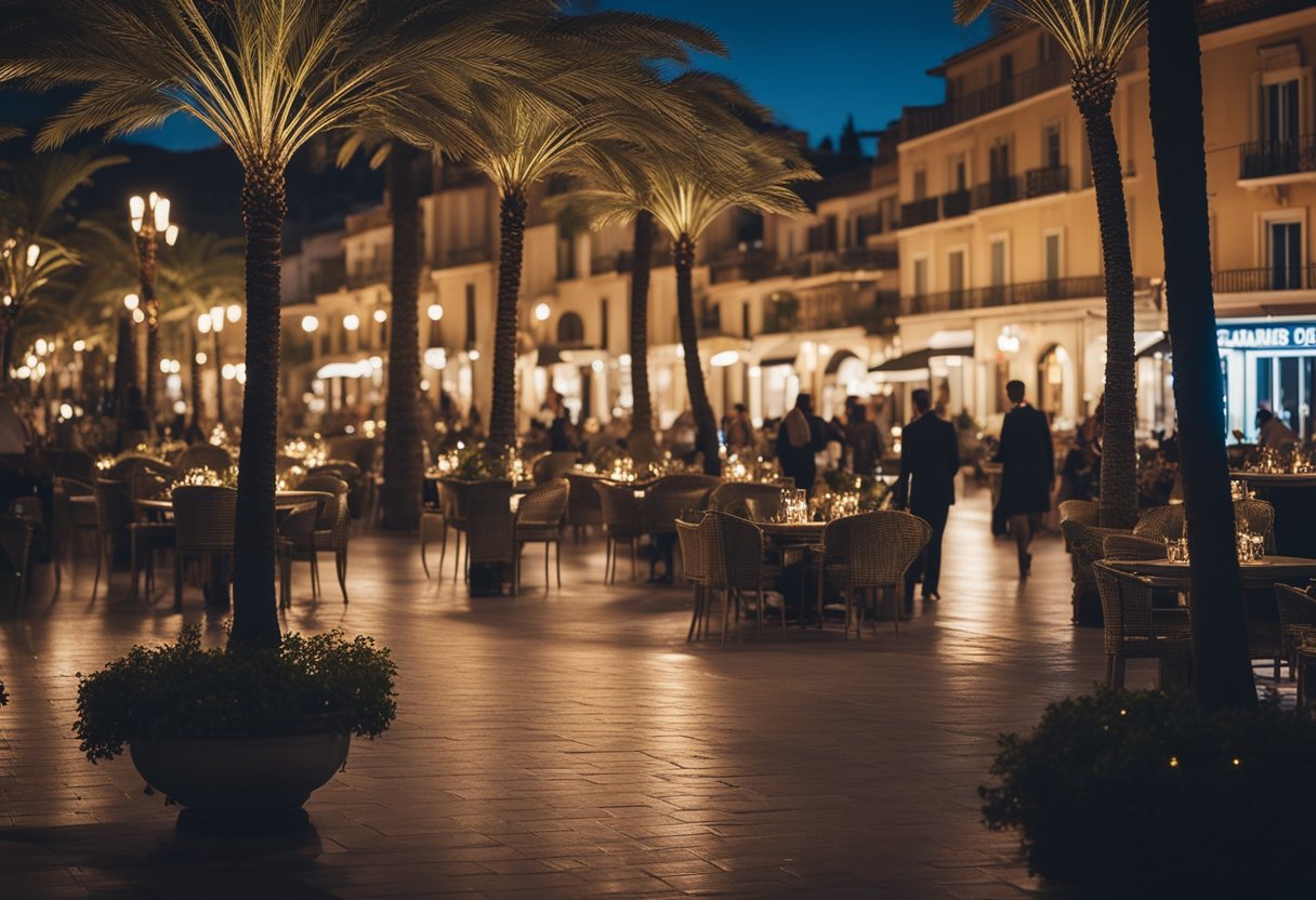 A bustling French Riviera street lined with elegant cafes, palm trees, and luxury yachts under a starry sky. Glitzy nightlife and vibrant art scene create a glamorous and captivating atmosphere