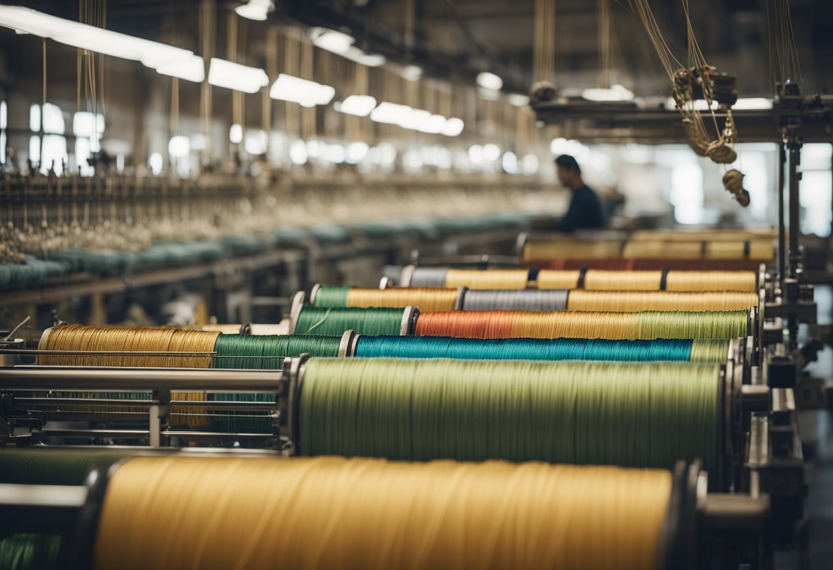 The Silk Factories of Italy: A bustling Italian silk factory, filled with intricate looms and vibrant spools of thread. Skilled artisans meticulously crafting luxurious fashion and accessories, embodying the tradition of Italian craftsmanship and luxury