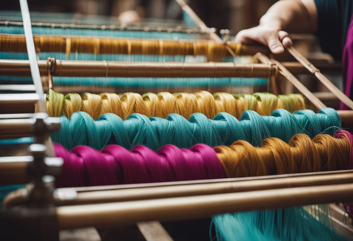 The Silk Factories of Italy: Vibrant silk threads being meticulously woven on antique looms, while skilled artisans carefully dye the fabric in rich, luxurious colors