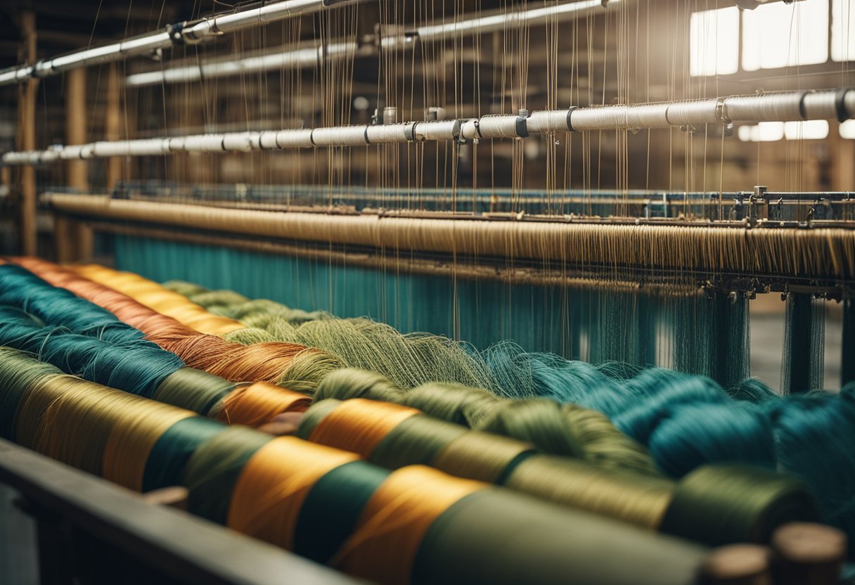 The Silk Factories of Italy: Vibrant silk looms in a spacious, sunlit factory. Skilled artisans meticulously weave intricate patterns, surrounded by shelves of colorful silk threads