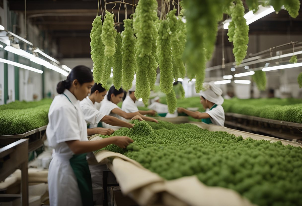 The Silk Factories of Italy: Lush mulberry trees surround a traditional Italian silk factory. Workers tend to silkworms, while others carefully weave delicate threads into luxurious fabric