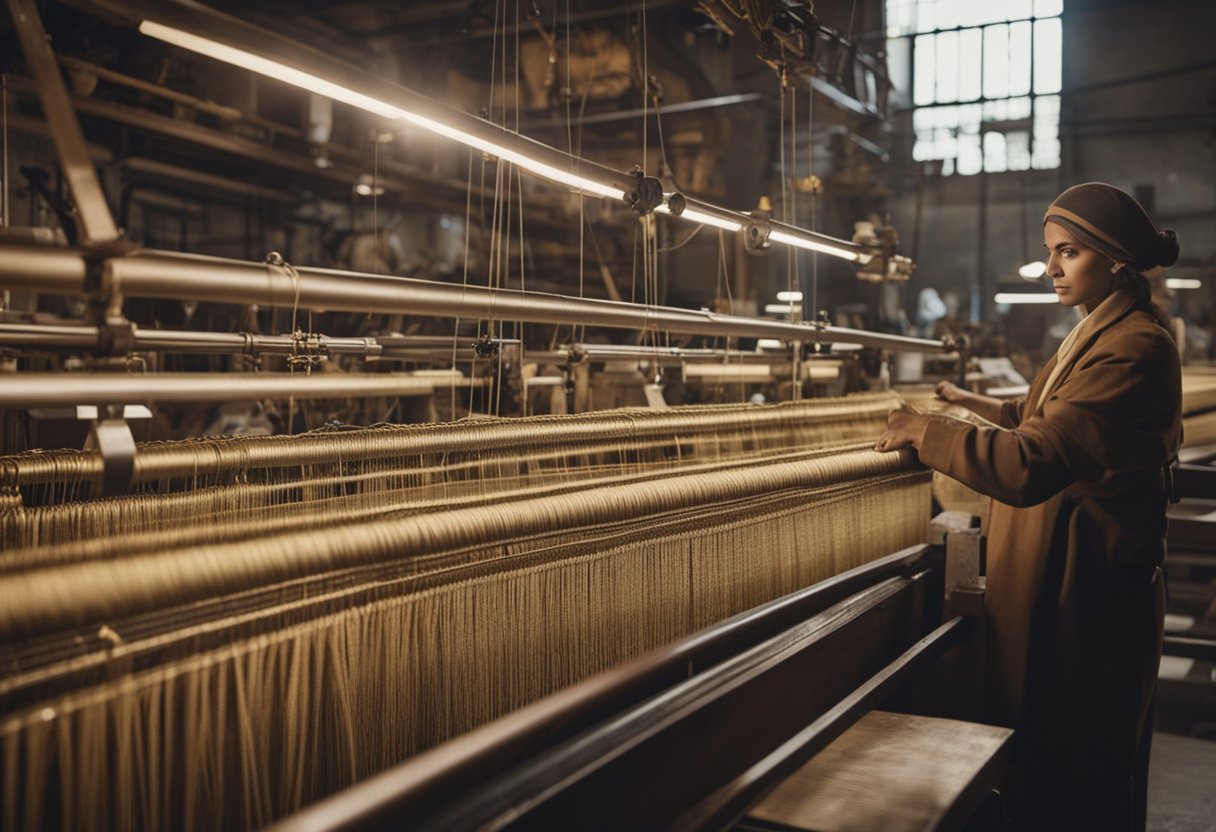 The Silk Factories of Italy: The bustling Italian silk factory hums with activity as skilled artisans weave intricate patterns on ancient looms, surrounded by shelves of vibrant silk threads and luxurious fabrics