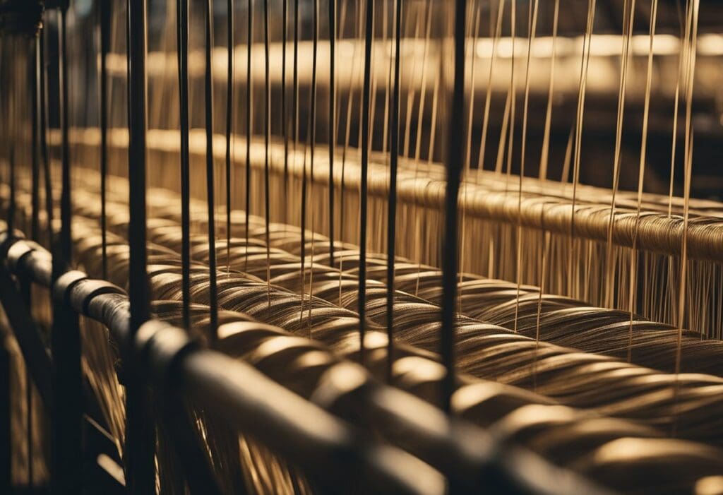 The Silk Factories of Italy: Vibrant silk threads weaving through ancient looms in a sunlit Italian factory, creating luxurious fabrics with precision and artistry
