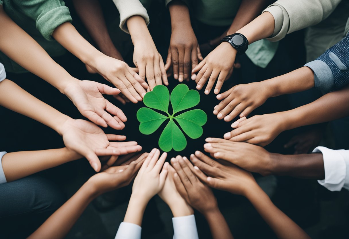 A diverse array of people from different cultures around the world are gathered together, each holding a shamrock in their hands as a symbol of unity and global influence
