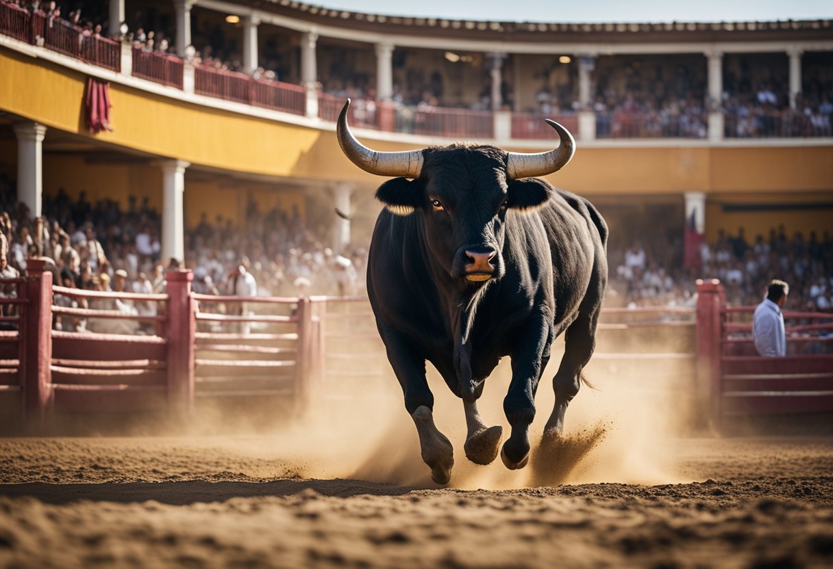 A bull charges through a dusty arena, surrounded by colorful stands and a dramatic sky, capturing the intensity and tradition of bullfighting beyond Spain