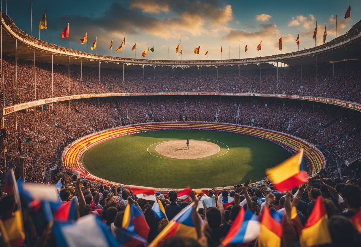 A bullring stands proudly amidst a vibrant crowd, adorned with colorful flags and banners. The arena exudes tradition and controversy, capturing the essence of Spanish culture