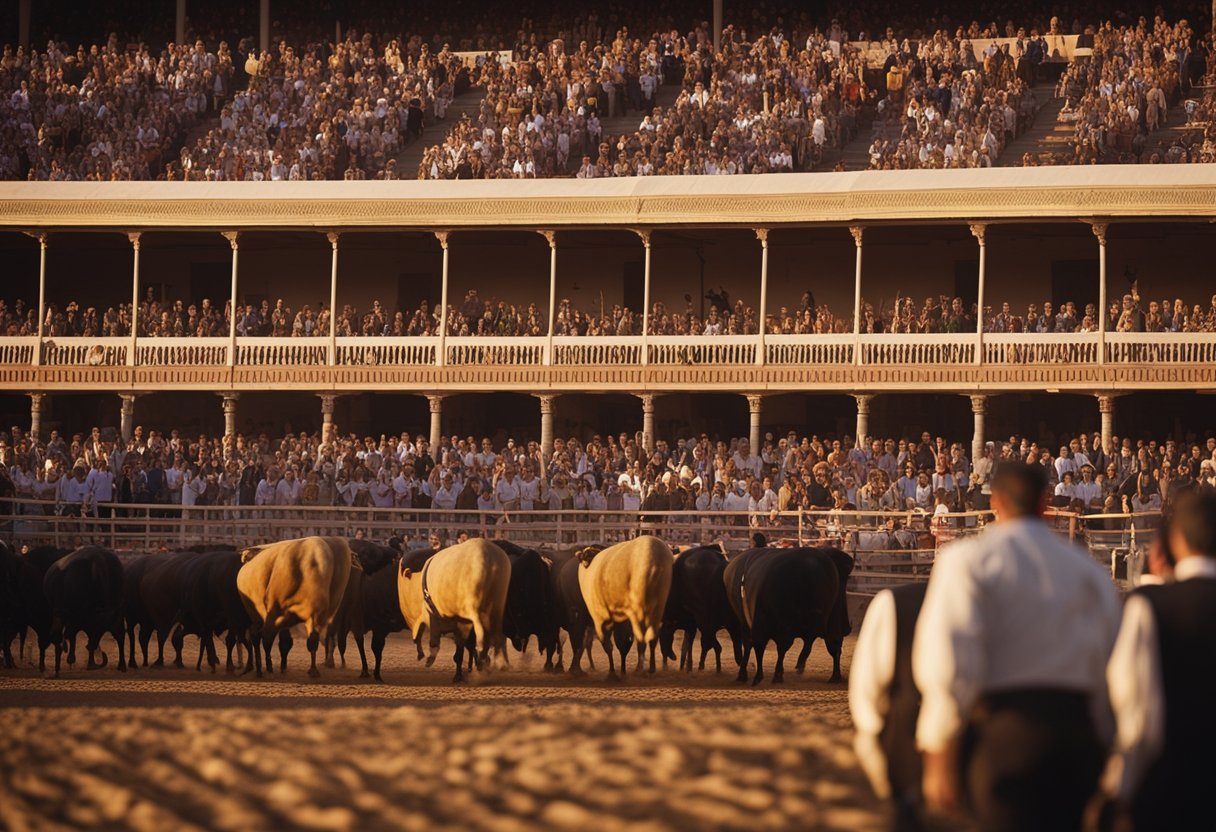 The sun sets over a historic bullring, casting long shadows as the crowd eagerly awaits the start of the controversial yet culturally significant Spanish bullfighting event
