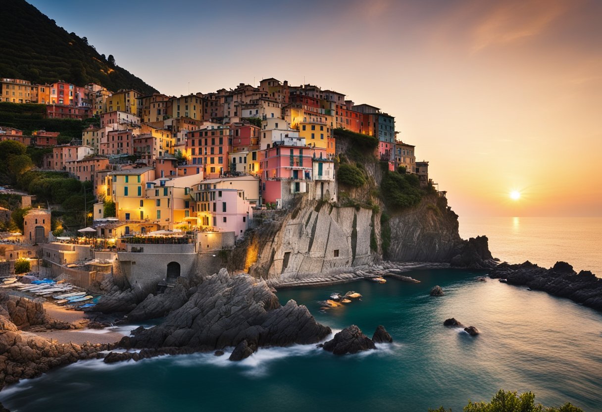 The sun sets over the colorful houses perched on the rugged cliffs of Cinque Terre. Lush green vineyards cascade down the hillsides, blending seamlessly with the azure waters of the Mediterranean Sea