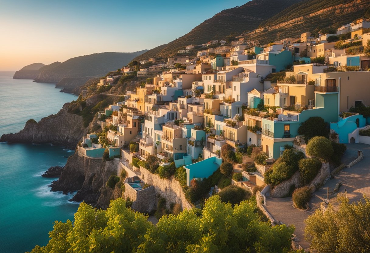 The sun sets over the colorful houses clinging to the cliffs, with the turquoise sea stretching out below. The rugged coastline is dotted with vineyards and terraced gardens, creating a picturesque and serene scene
