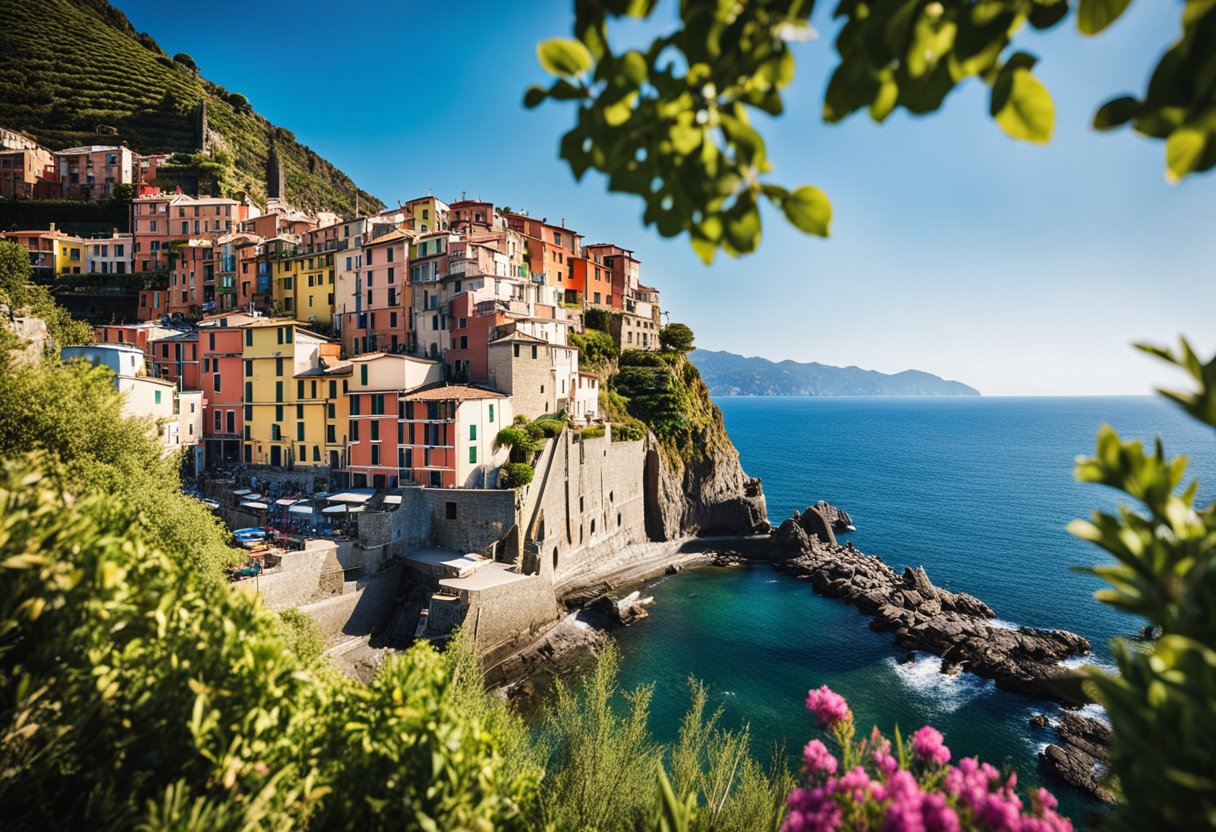 A sunny day in Cinque Terre, Italy. The rugged coast is dotted with colorful houses and vineyards. The sea is a deep blue, and the sky is clear. It's a perfect scene to capture the beauty of the region