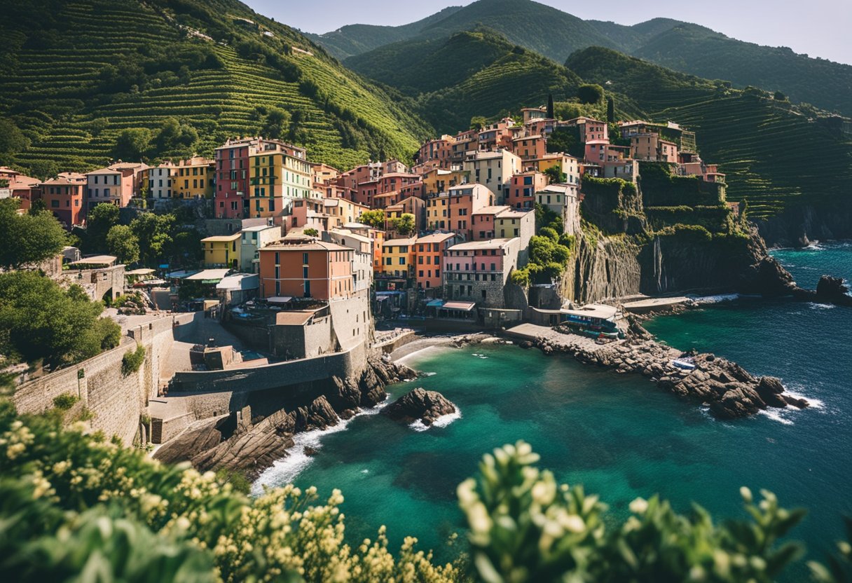 The colorful buildings of Cinque Terre cling to the rugged coastline, overlooking the crystal-clear waters of the Ligurian Sea. Waves crash against the cliffs, while terraced vineyards and lush greenery dot the landscape