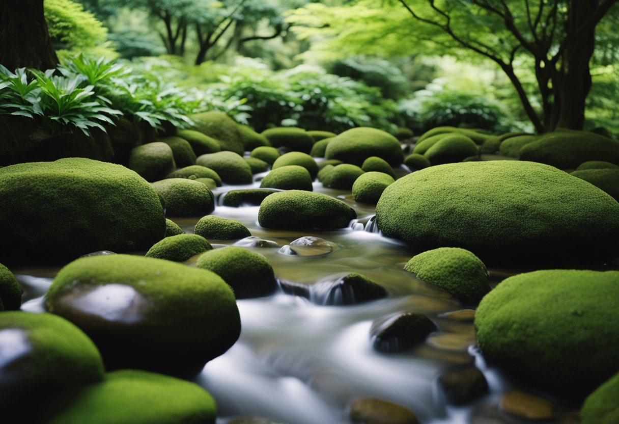 Lush greenery surrounds carefully arranged stones and flowing water in the tranquil Samurai Gardens of Japan, reflecting the aesthetic and philosophy of balance and harmony